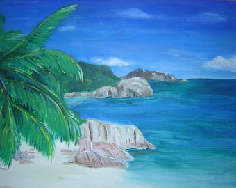 Vacances aux Seychelles. 36 x 48 cm peinture acrylique sur papier