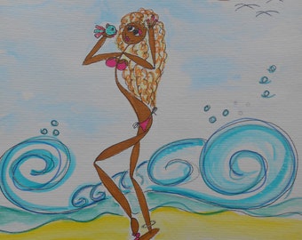 Surfing' Girl No. 34, girl painting on 200 gr. paper, 20 x 27 cm