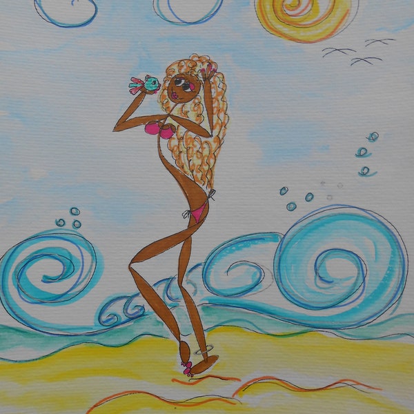 Surfing' Girl Nr. 34, Mädchen Malerei auf 200 gr. Papier, 20x27cm