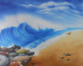 Plage avec vagues et pierres, peinture acrylique sur carton 400 gr., 65 x45 cm