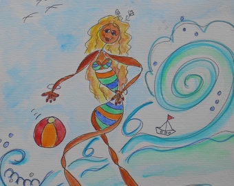 Fille de la plage non. 2, 27 x 20 cm, fille peignant sur 200gr. Papier aux bords effilochés, unique, original