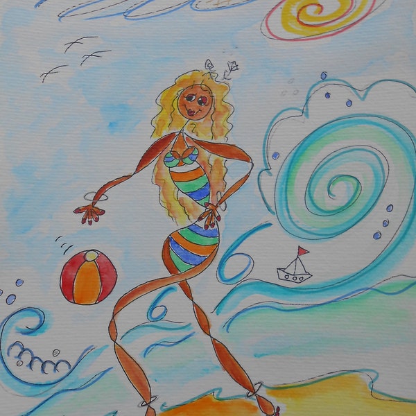 Beach girl no. 2, 27 x 20 cm, girl painting on 200gr. Paper with frayed edges, unique, original