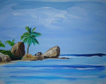 Meer Urlaub auf den Seychellen. Acrylmalerei auf Karton 42x56cm