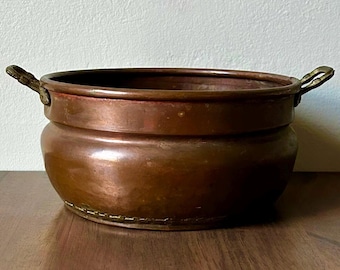 Antique Turkish Handmade Copper Pot with Dovetail Seams and Brass Handles