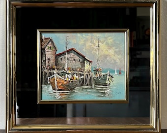Midcentury Maritime Harbor Oil Painting Signed by the Artist Gold Mirror Frame