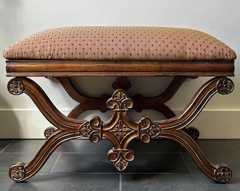 French Regency Carved Hardwood Curule Bench Newly Reupholstered X-Form Stool Ottoman