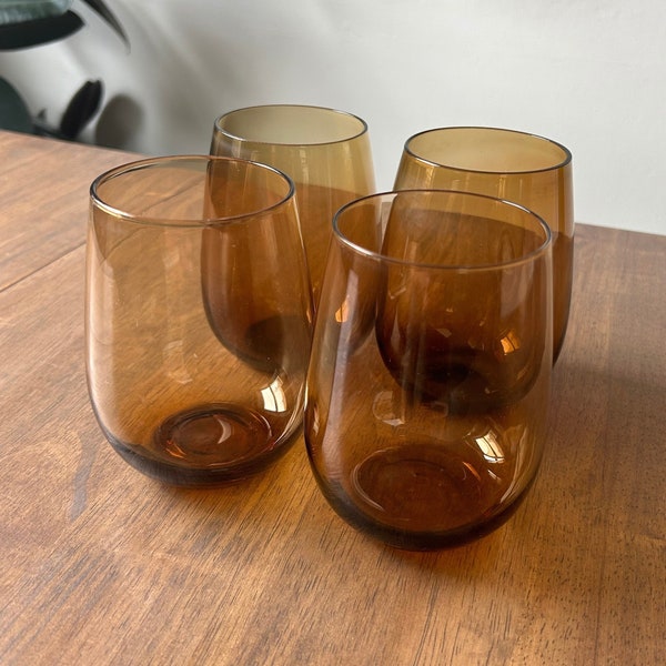 SET OF FOUR Hand Blown Amber Stemless Wine Glasses