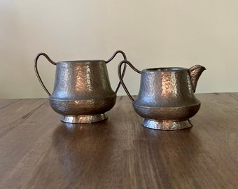 Antique British Lion Pewter Creamer and Sugar Bowl Set