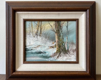 Signed Original Oil Painting Cabin in the Winter Woods Custom Wooden Frame Linen Matte