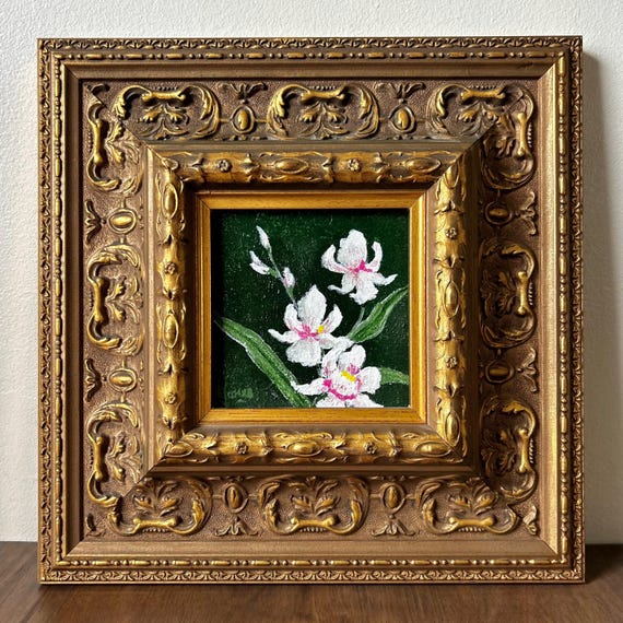 Signed Oil Painting Pink Orchids Ornate Gold Gilt Victorian Style Frame