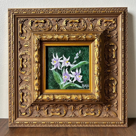Signed Oil Painting Purple Orchids Ornate Gold Gilt Victorian Style Frame