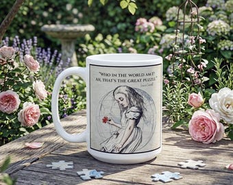 Alice in Wonderland Quote Mug: "Who Am I?" Literary Ceramic Coffee Cup