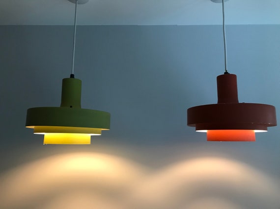 A Pair Of Midcentury Danish Ceiling Lamps In Apple Green And Red Denmark 1970s