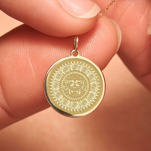 14K Solid Gold Azteken-Kalender-Anhänger, Maya-Münzen-Halskette