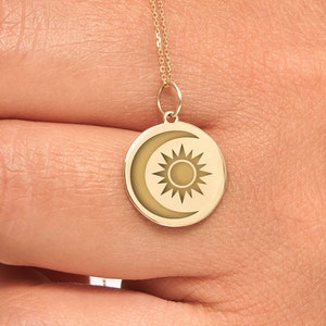 14k Solid Gold  Moon And Sun Necklace • Personalized Celestial Pendant • Dainty Crescent Moon Charm • Golden Sun Pendant