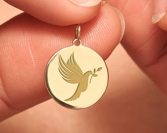 14k Dove Necklace • Solid Gold Dove Pendant • Dainty Personalized Dove Charm • Freedom Symbol Necklace