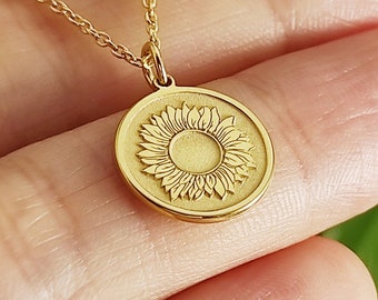 14k Solid Gold Sunflower Necklace • Personalized Gold Sunflower Pendant • Dainty Sunflower Charm