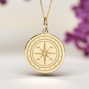 14k Solid Gold Compass Necklace • Personalized Nautical Pendant • Dainty Compass Charm