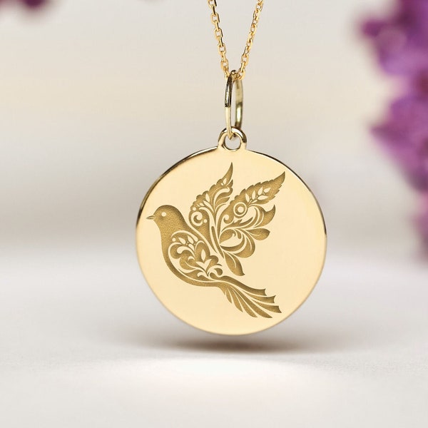 14k Solid Gold Dove Necklace • Personalized Dove of Peace Charm  • Dainty Personalized Dove Pendant