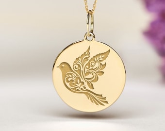 14k Solid Gold Dove Necklace • Personalized Dove of Peace Charm  • Dainty Personalized Dove Pendant