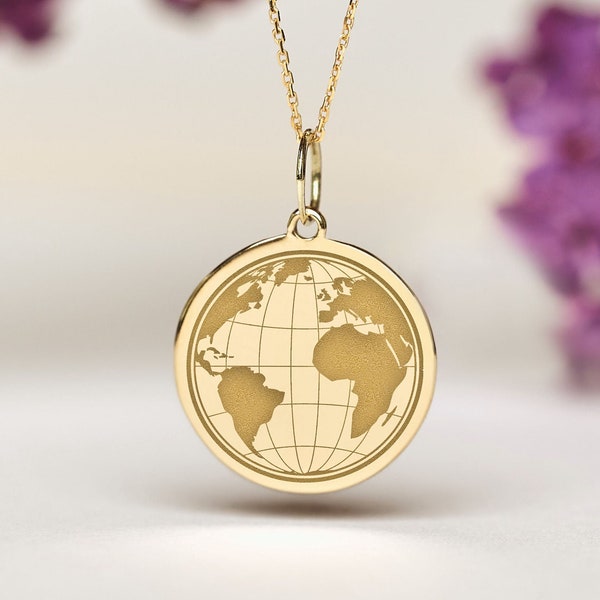 14k Solid Gold Earth Necklace • Personalized Map Pendant • Dainty Globe Charm