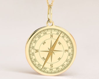 14k Solid Gold Compass Necklace • Personalized Nautical Pendant • Dainty Compass Charm
