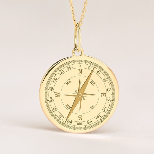14k Solid Gold Compass Necklace • Personalized Nautical Pendant • Dainty Compass Charm