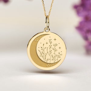 14k Solid Gold Moon And Flowers Necklace • Personalized Celestial Pendant • Dainty Crescent Moon Stars Charm