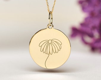 14k Solid Gold Daisy Necklace • Personalized Daisy Pendant • Dainty Daisy Charm • APRIL BIRTH FLOWER