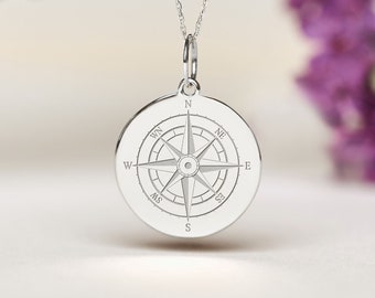 Sterling Silver Compass Necklace • Engraved Nautical Disc Pendant • Personalized Travel Charm • Graduation Gift • Free Back Engraving