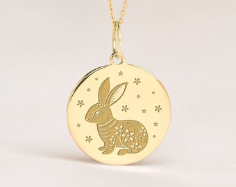 Solid 14k Yellow Gold Rabbit Chinese Zodiac Reversible Charm Pendant - Year Of The Rabbit Jewelry