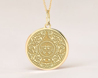 14k Solid Gold Sun Stone Aztec Calendar Necklace • Personalized Maya Calendar Pendant • Dainty Maya Calendar Charm