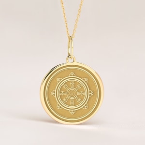 14k Solid Gold Dharma chakra Necklace • Personalized  Dharma Chakra Pendant • Dainty wheel of dharma Charm