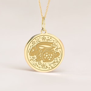 14k Solid Gold Rabbit Necklace • Personalized Rabbit Zodiac Pendant • Dainty Chinese Rabbit Charm • Rabbit Zodiac Necklace