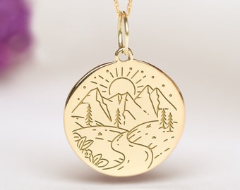 14k Solid Gold Mountain Necklace • Personalized Sunrise Pendant • Dainty Mountain Charm