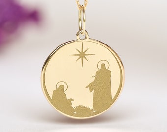 14k Jesus in manger necklace gold • Solid Gold Personalized manger scene Pendant • Dainty nativity Charm