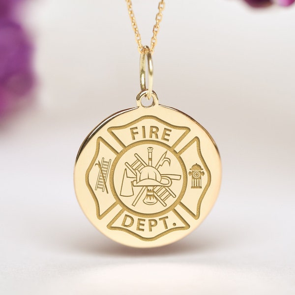 14k Solid Gold Fire Department Necklace • Personalized fire dept Pendant • Dainty Fireman Charm • Firefighter Jewelry