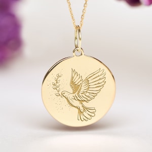 14k Solid Gold Dove Necklace • Personalized Flying Dove of Peace Charm  • Dainty Personalized Dove Pendant