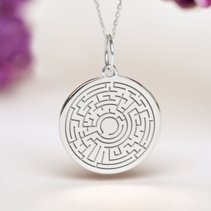 Sterling Silver Labyrinth Necklace • Personalized maze pendant • Dainty labyrinth Charm