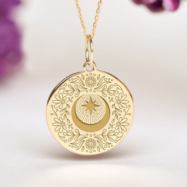 14k Solid Gold Moon & Flowers Necklace • Personalized Celestial Pendant • Dainty Crescent Ornate Moon Charm