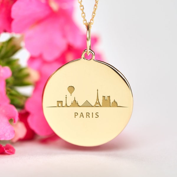 14k Solid Gold Paris Necklace • Personalized Paris France Pendant • Dainty Skyline Charm