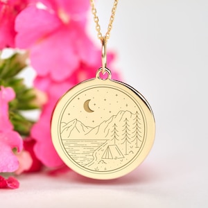 14k Solid Gold Landscape Necklace • Personalized Nature Pendant • Dainty Mountain Camping Charm