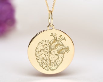 14k Solid Gold Heart And Brain Necklace • Personalized Brain pendant • Dainty Anatomical charm • Psychologist Doctor Gift