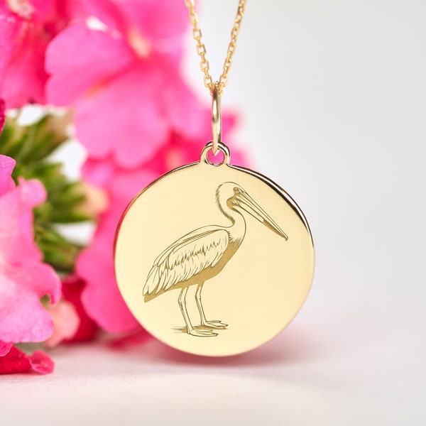 14k Gold Pelican Necklace • Personalized Pelican Charm • Solid Gold Bird Pendant