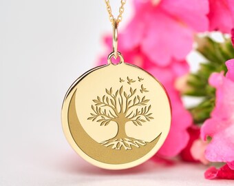 14k Solid Gold Tree of Life Necklace • Personalized Tree of Life and Moon Necklace Pendant • Dainty Tree of Life and Moon Charm