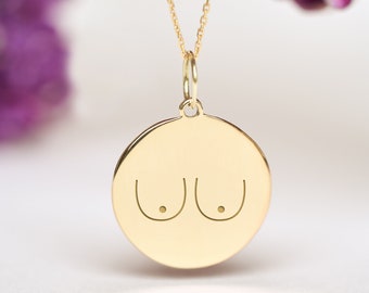 14k Solid Gold Boob Necklace • Personalized Breast Cancer Awareness Pendant • Dainty Women Empowerment Charm