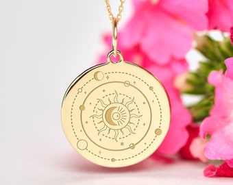 14k Solid Gold Moon Phase Necklace • Sun Necklace • Moon and Sun Necklace • Mother Nature Necklace