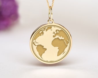 14k Solid Gold Globe Necklace • Personalized Earth Map Pendant • Dainty World Map Charm