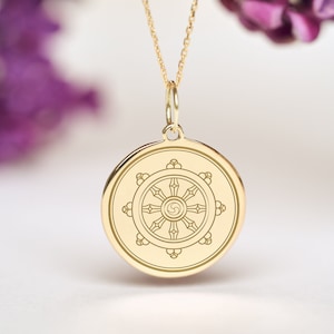 14k Solid Gold Dharmachakra Necklace • Personalized  Dharma Chakra Pendant • Dainty wheel of dharma Charm
