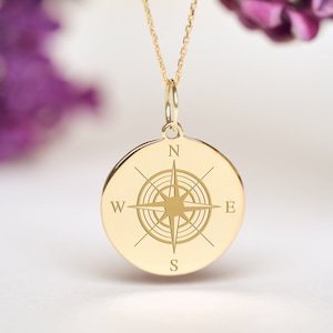 14k Solid Gold Compass Necklace • Personalized Nautical Pendant • Dainty Compass Charm